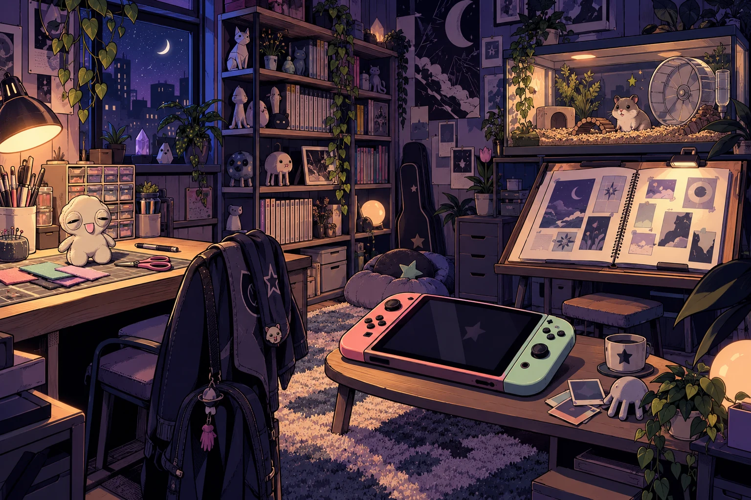 An illustrated room with a making desk, collectible shelves, game console, memory album and Cookie’s habitat